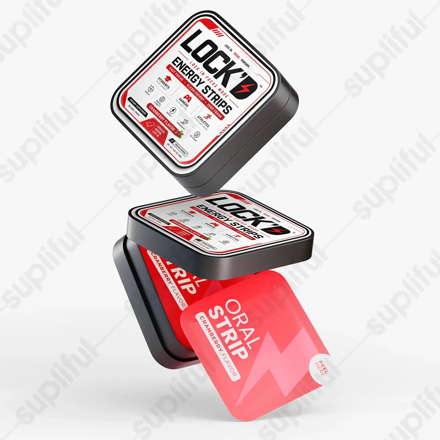 LOCK'D Energy Strips for focus and mental clarity, showing the fast-acting oral strips on a white background.