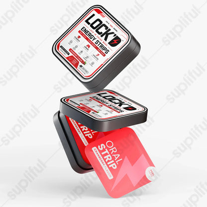 LOCK'D Energy Strips for focus and mental clarity, showing the fast-acting oral strips on a white background.