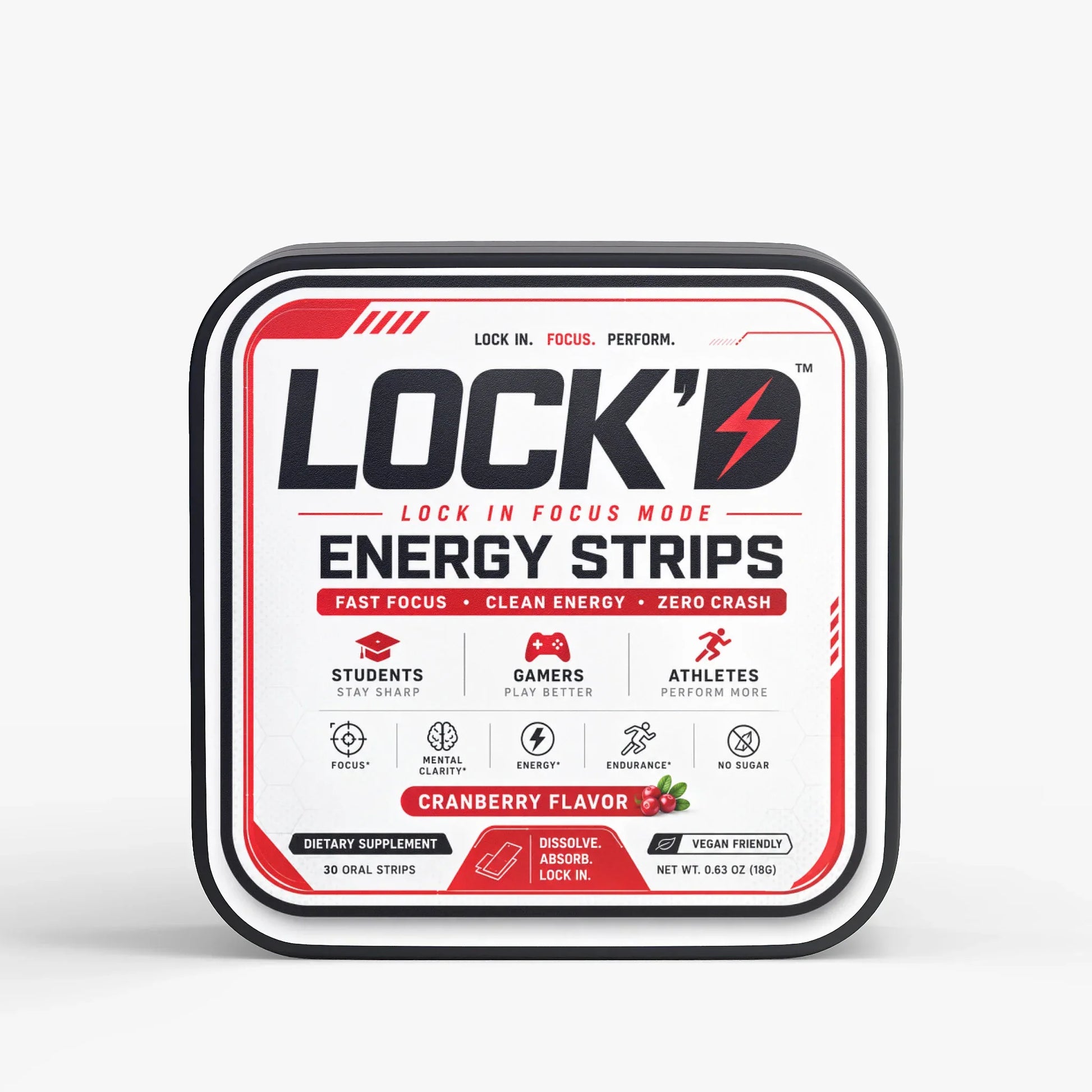 LOCK'D Energy Strips for focus and energy, showing the fast-acting oral strips with brain and cognitive benefits.