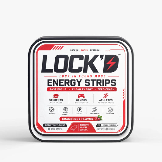 LOCK'D Energy Strips for focus and energy, showing the fast-acting oral strips with brain and cognitive benefits.