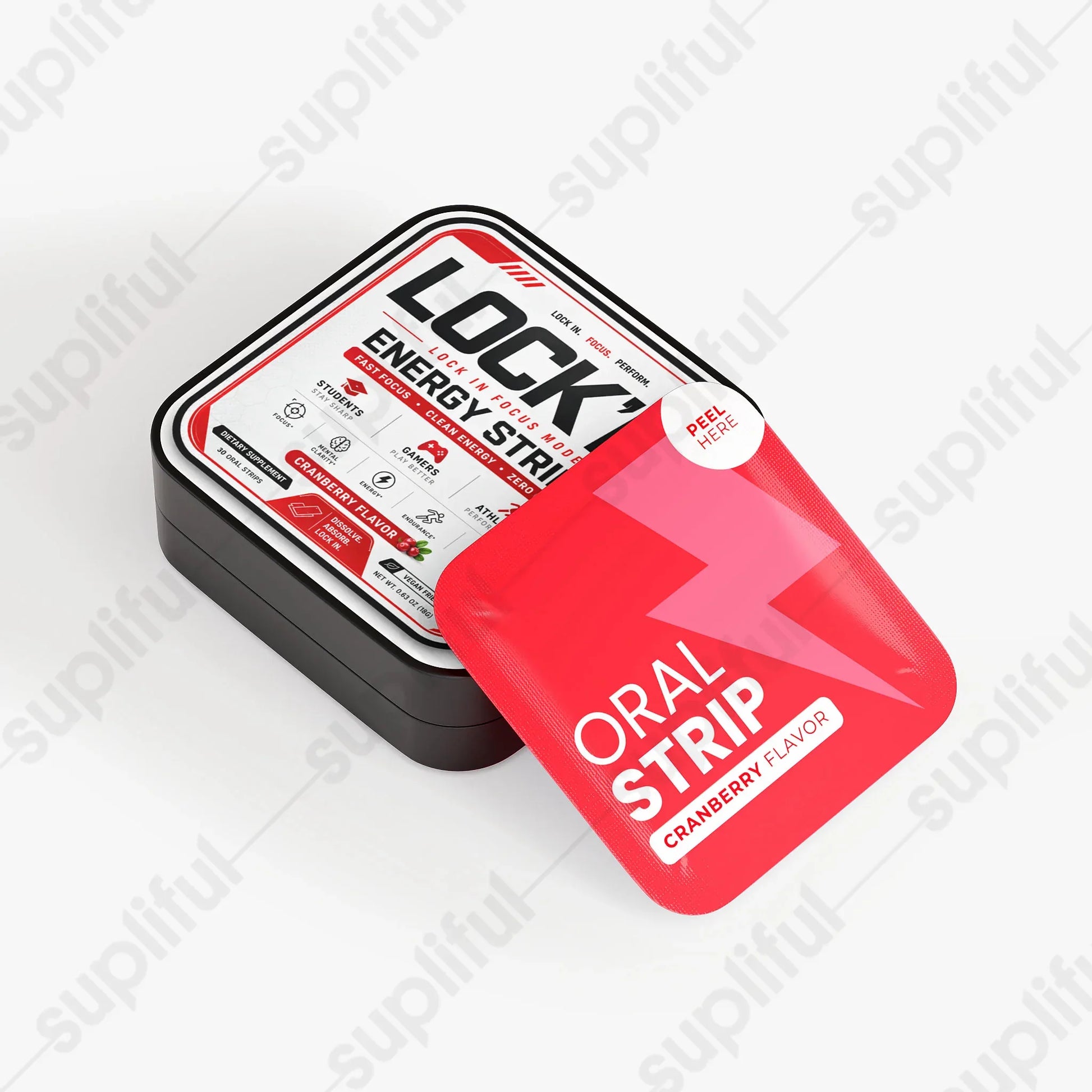 LOCK'D Energy Strips for focus and energy, featuring fast-acting oral strips in a sleek packaging for cognitive enhancement.