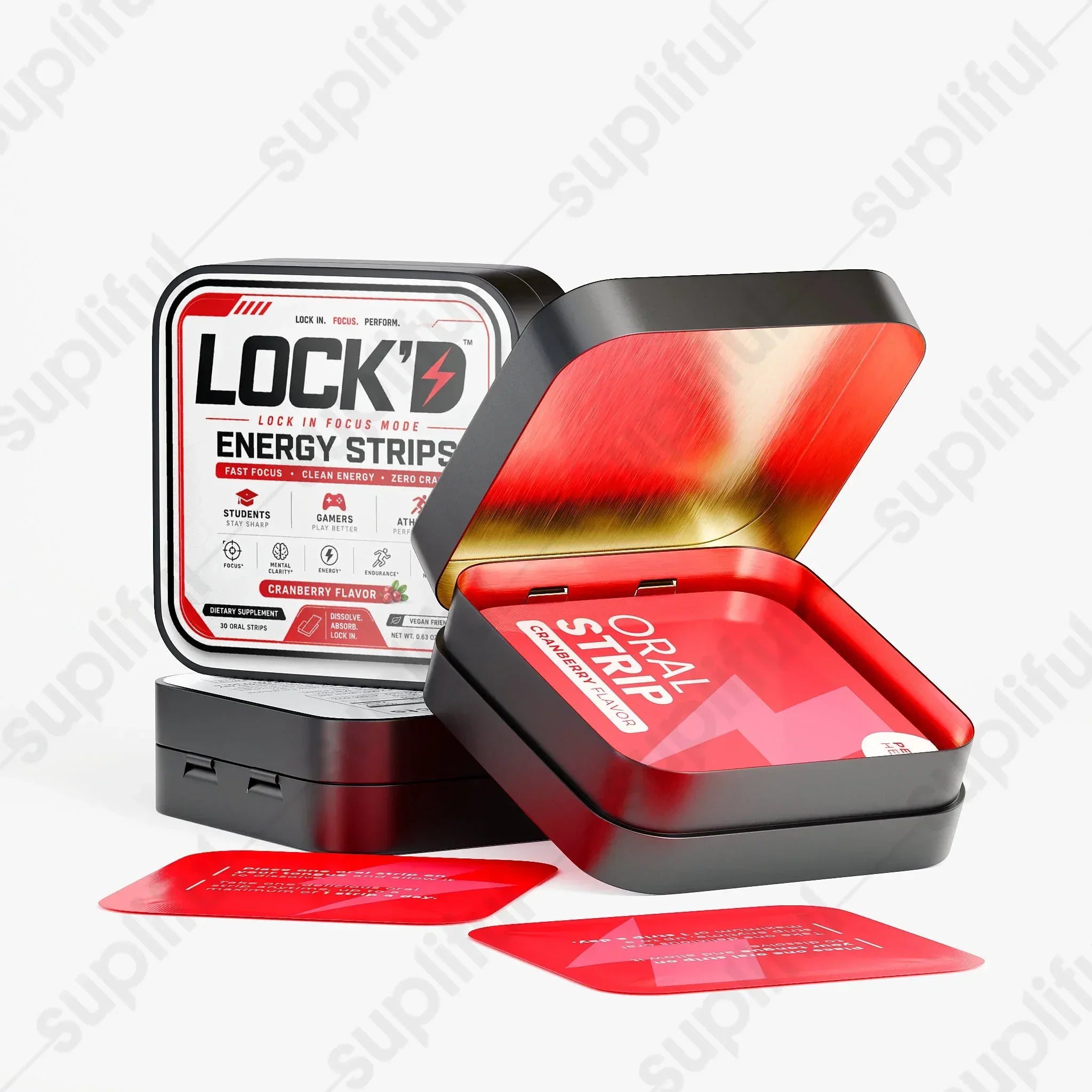LOCK'D Energy Strips for focus and mental alertness, featuring fast-acting cognitive enhancement in a sleek, portable package.
