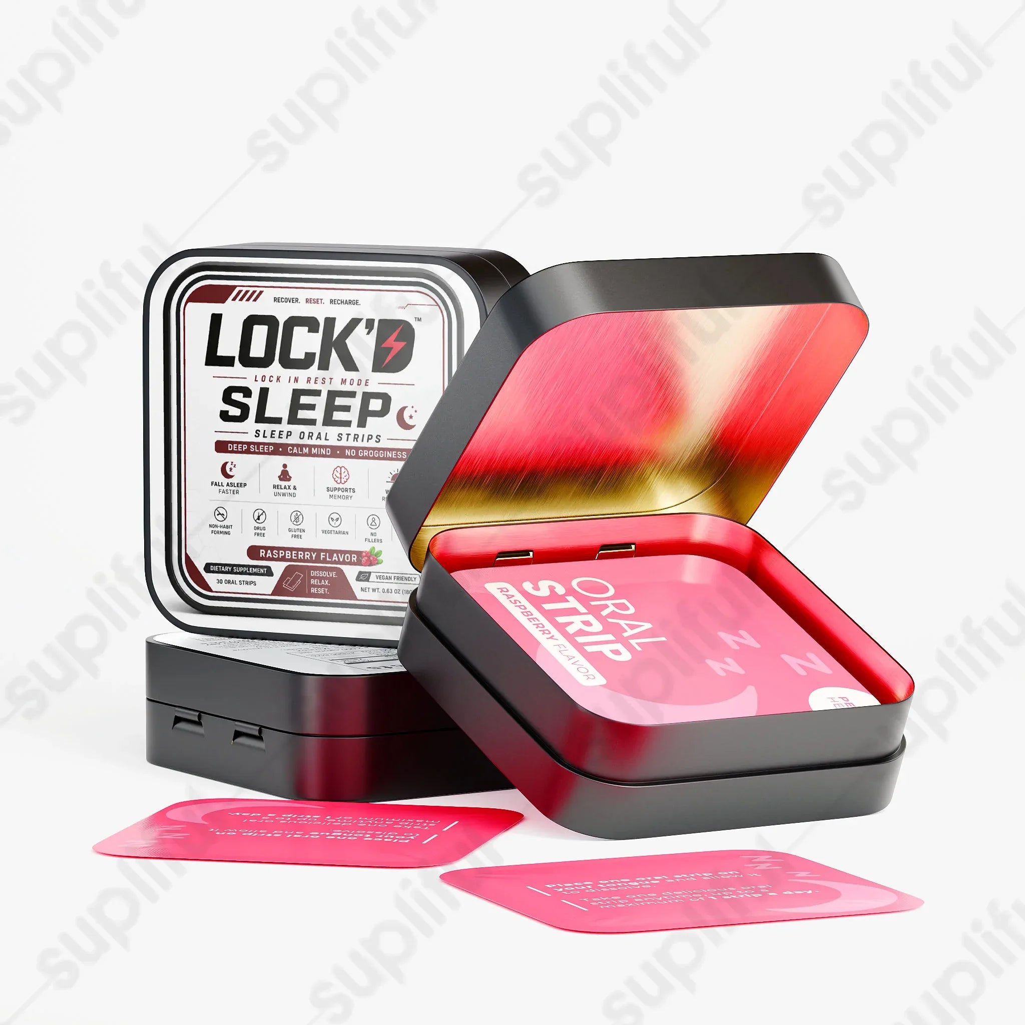 LOCK'D Sleep Strips with melatonin shown in their packaging, designed for oral use to promote better sleep and relaxation.