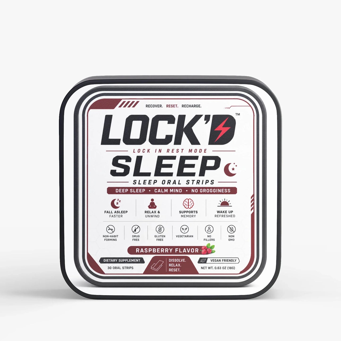 LOCK'D Sleep Strips melatonin oral strips for better sleep, featuring a white and blue package with product branding and instructions.