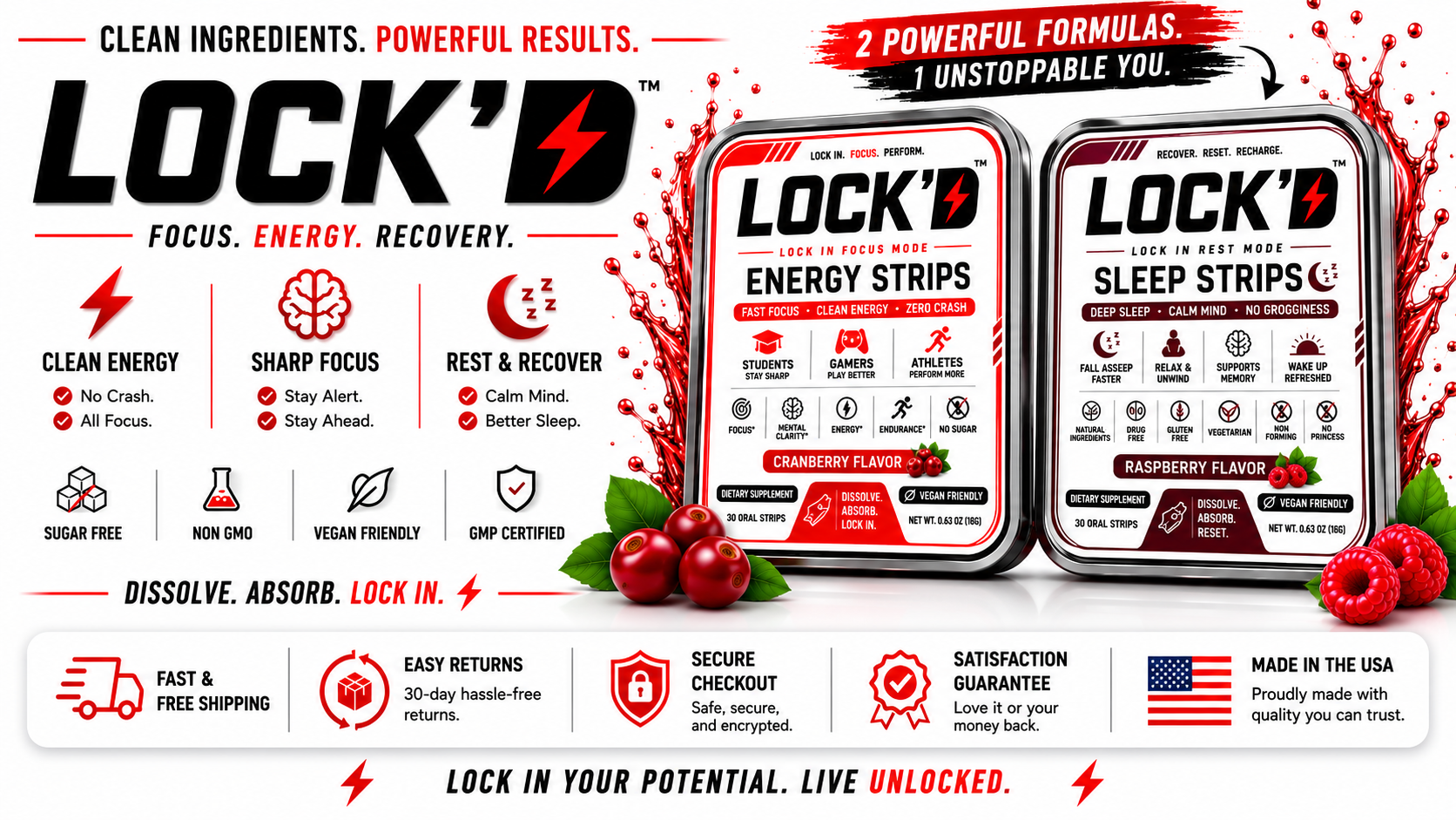 LOCK'D Energy Strips for focus and energy, and LOCK'D Sleep Strips melatonin oral strips for better sleep,